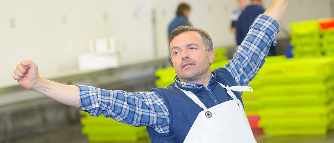 Assembly line worker avoiding cumulative trauma disorders (CTD) or repetitive motion disorders with periodic stretching.
