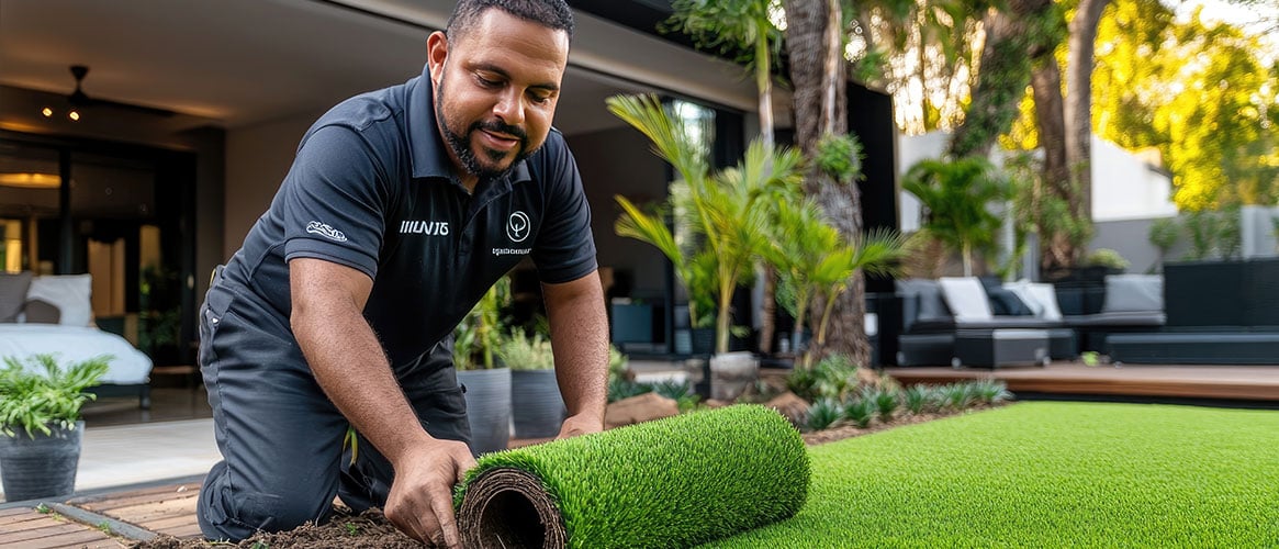 Landscaper rolling out new grass for at a private residence.